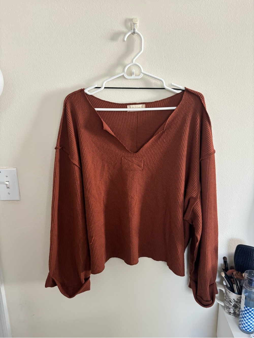 Altar'd State Waffle V-Neck Long Sleeve Top - Rust